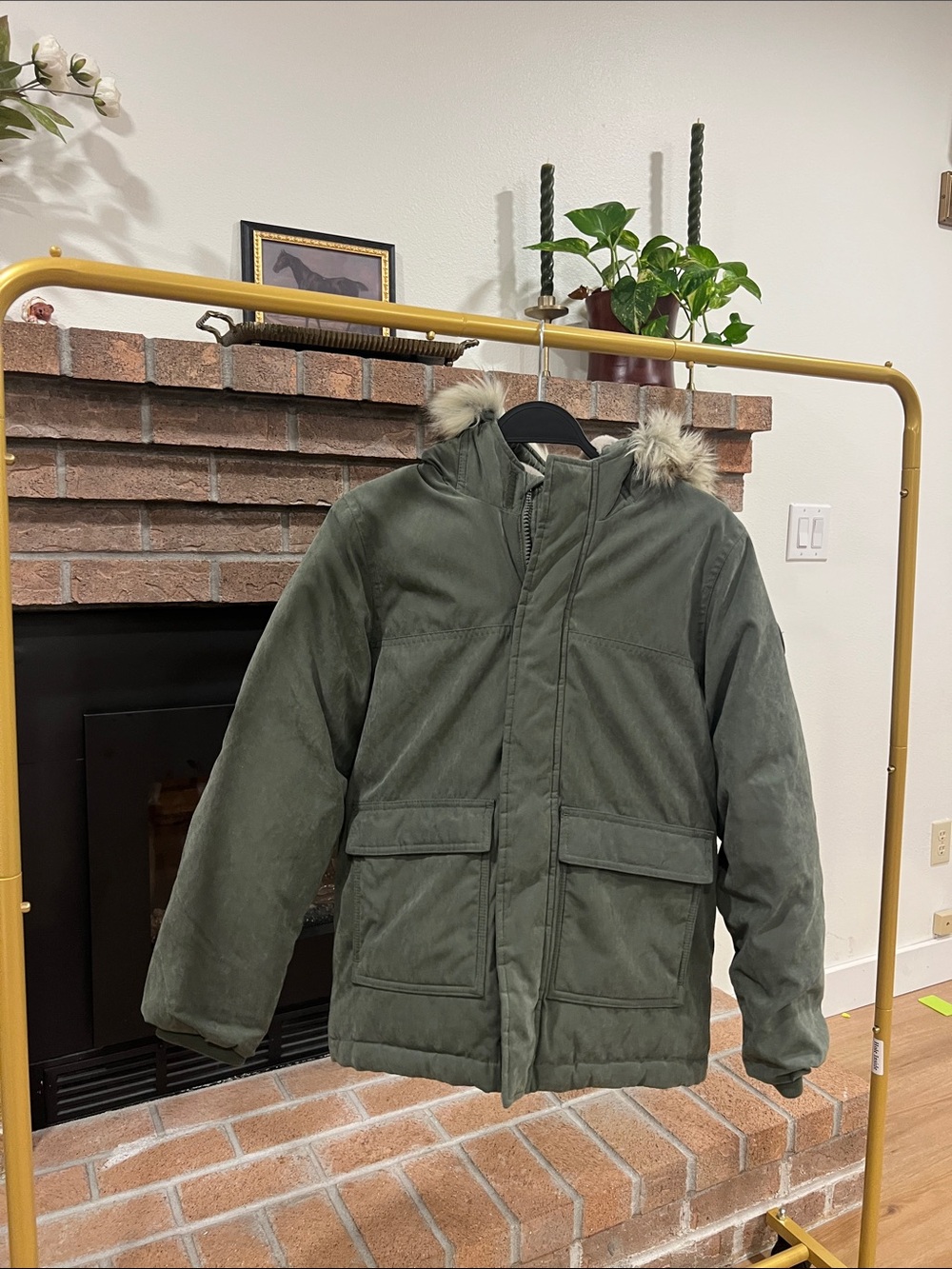abercrombie kids Olive Green Puffer Jacket with Faux Fur Trim